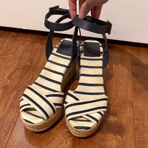 Tory Burch Navy and Cream Striped Espadrille Wedge Sandals